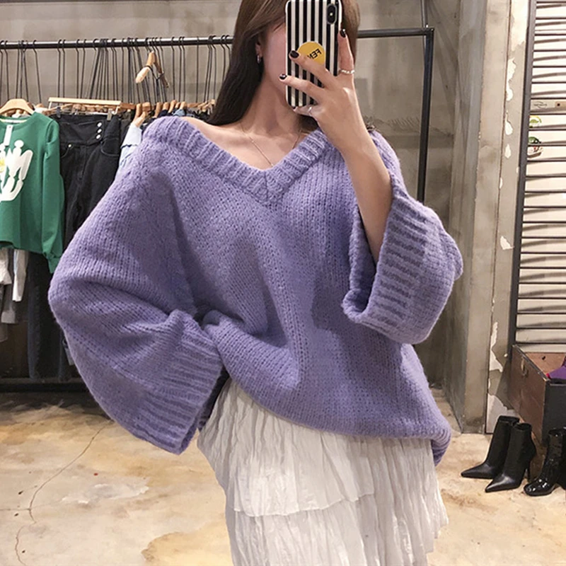 

YAMDI 2020 spring winter loose sweater v neck knitted jumper female batwing sleeve korean solid chic women woman tops femme new