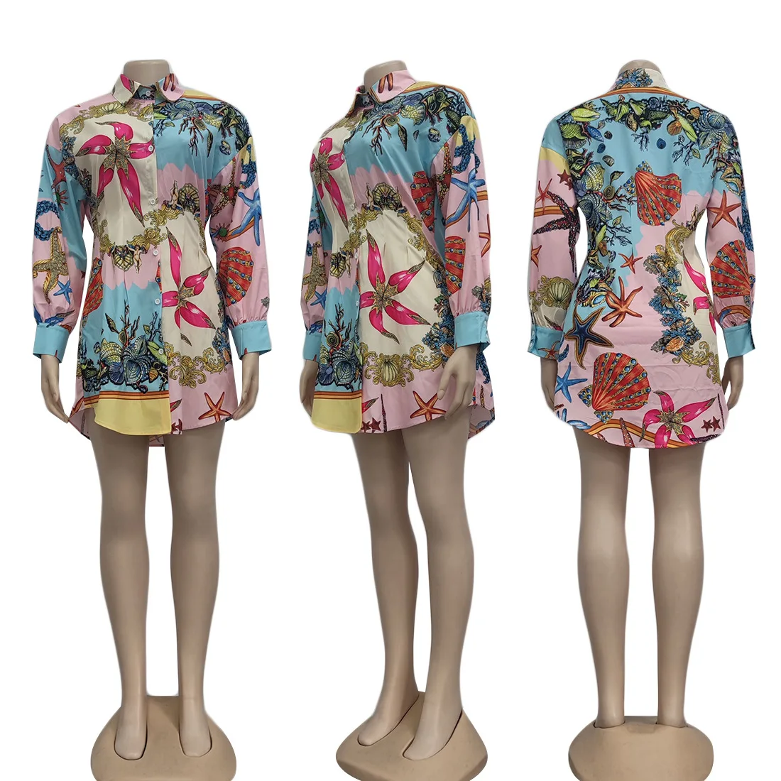 

SSEURAT Women Shirts Print Full Sleeve Turn-down Collar Single Breasted Long Straight Shirts Fashion Streetwear Summer Clothing