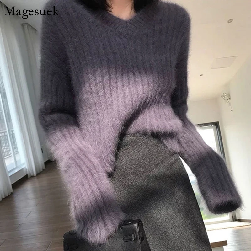 

Autumn Winter Knitted Cashmere Sweater Women Fashion Long Sleeve V-neck Pullover Women Sweatrs Vintage Solid Wool Sweater 16545