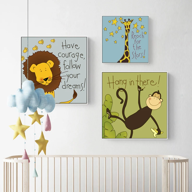 Животное Детская Wall Art Картина Мультяшные Лев обезьяна слона жирафа и холст с