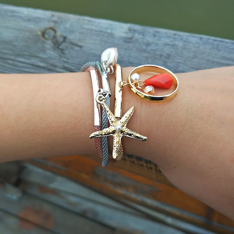 Big Starfish Charm Bracelets for Women Hand 3 pcs/set Popcorn Chain Magnet Buckle Bracelet Female Jewelry Gift 2022