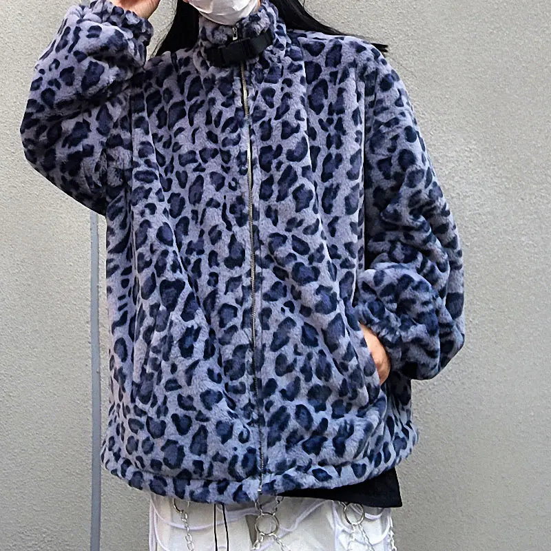 2021 Women Blue Leopard Faux Fur Coat Winter Padded Jacket  Loose Plus Velvet Street Coat Casual Outwear Women Lamb Wool Coat