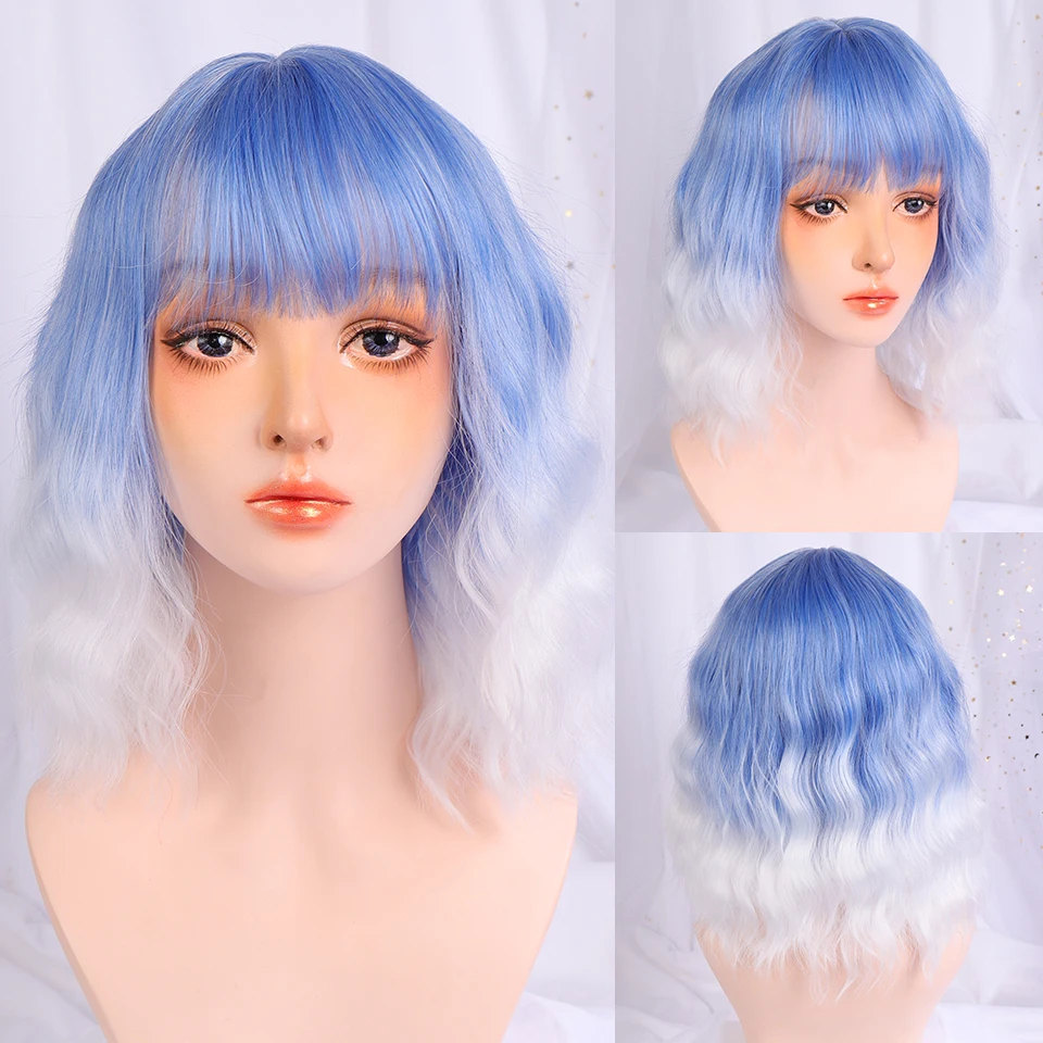 Sintéticas para as Mulheres Onda de Água Peruca com Franja Lupu Perucas Curto Natural Preto Loiro Rosa Lolita Cosplay Festa Cabelo Peruca Bob 4 Cheap Peruca sintética