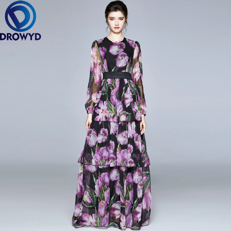 

2021 Summer Designer Runway Purple Floral Maxi Dress Purple Flower Print Maxi Dress Casual Long-sleeve Party Dresses Vestidos