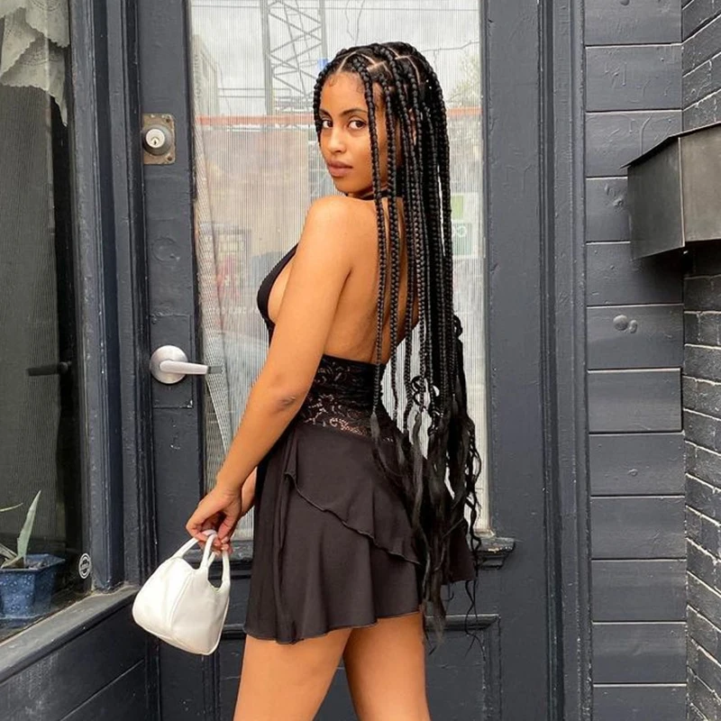 

Vintage Lace Patched Y2k Halter Dresses Sexy Women See Through Sundress 2021Summer Deep V Neck Sleeveless Party Beach Dress