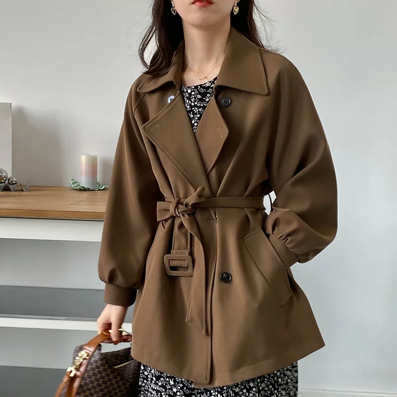

HXJJP Korean solid color lace-up long trench coat women's 2021 spring autumn loose thick Windbreaker 8207.