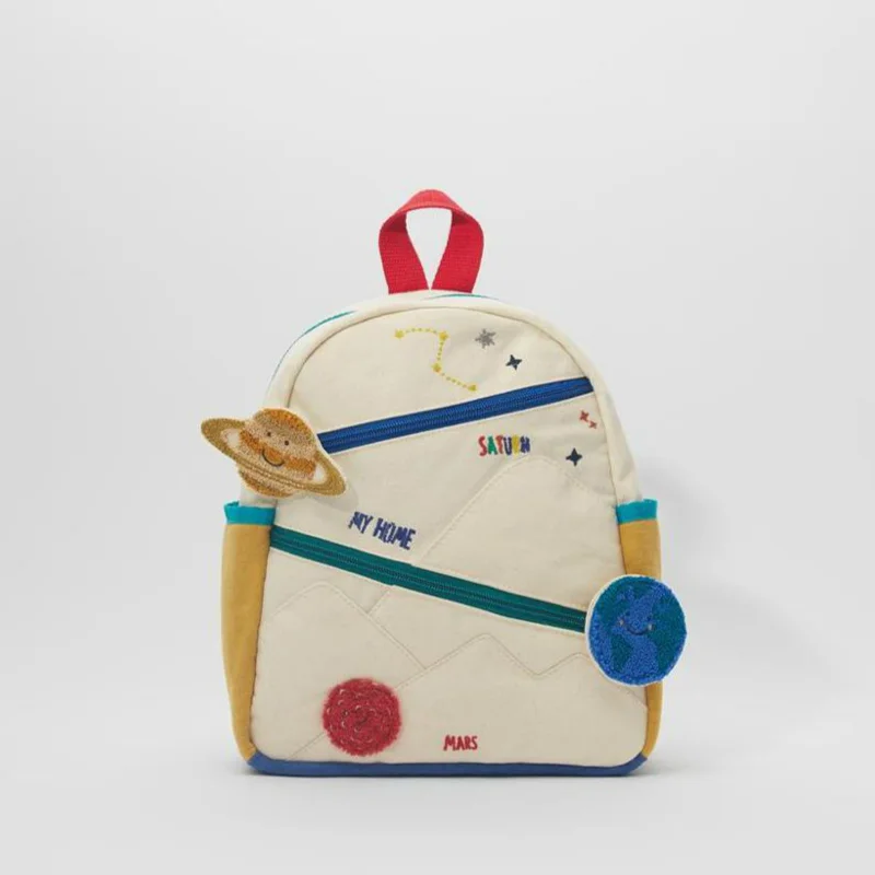 New Children's Stitching Cotton Canvas Earth Star Ball Embroidery Backpack Cute Girl Color Matching Casual Small School Bag