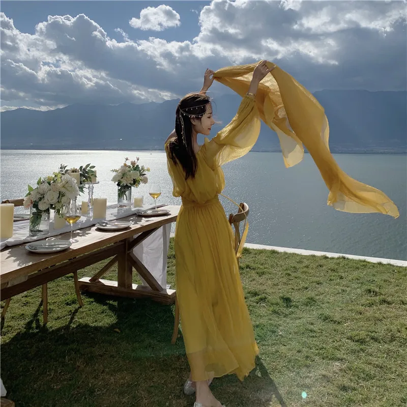 Женская одежда летнее женское платье на одно плечо для путешествий шифоновое