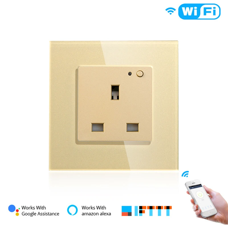 WiFi умная настенная розетка стеклянная панель Smart Life/приложение Tuya дистанционное управление, работает с Amazon Echo Alexa Google Home EU FR UK - Цвет: UK Gold