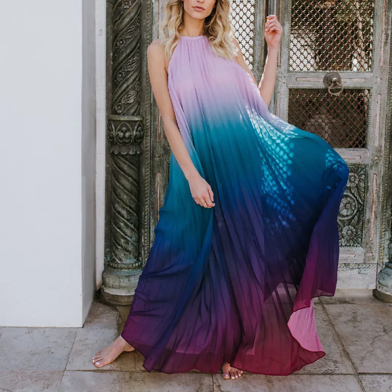 

Женское шифоновое платье-макси с открытой спиной, радужным цветочным принтом и лямкой на шее