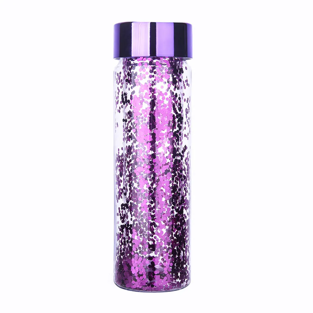 purple 600 мл блестящая двухслойная бутылка для воды пластиковая боьшая чашка компактная для путешествий альпинистская детская спортивная бутылка - Color: purple