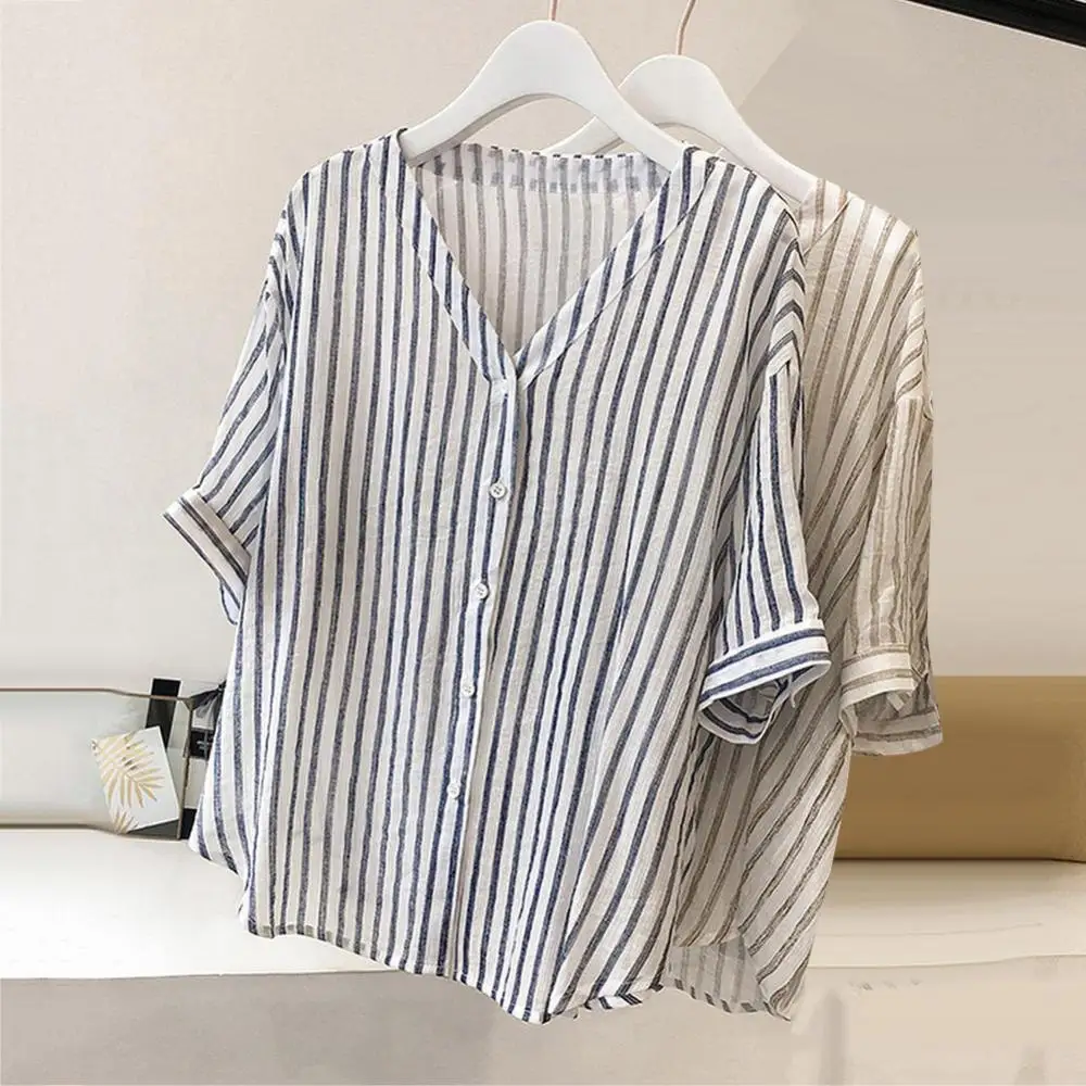 

Casual Women Stripe V Neck Half Sleeve Loose Thin Button Up Shirt Tee Top Blouse