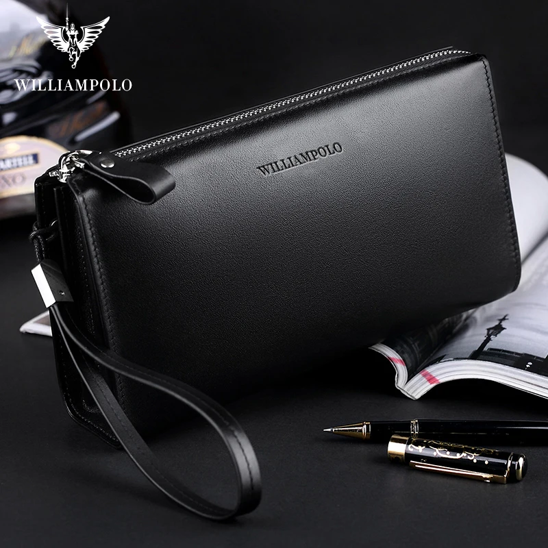 WilliamPOLO 2019 All-match Men's Genuine Leather Clutch Wallet Large Rooms for Phone Cash Cases Clear Design Anti-theft Wristlet