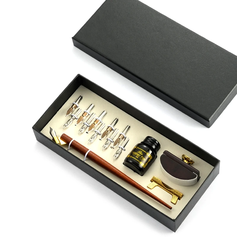 

Vintage Dip Pen Fountain Writing Ink 10 Nibs Ink Blotter Gift Box Calligraphy