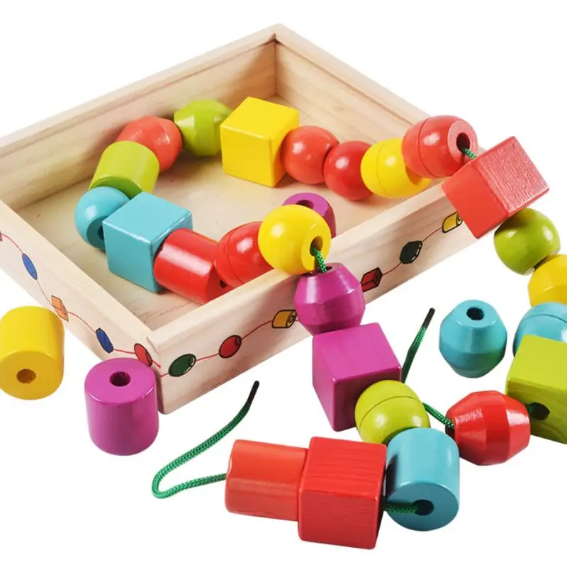 

Geometric Shape Wooden Lacing Beads Kids Montessori Blocks Threading Educational Toy Gift for Children
