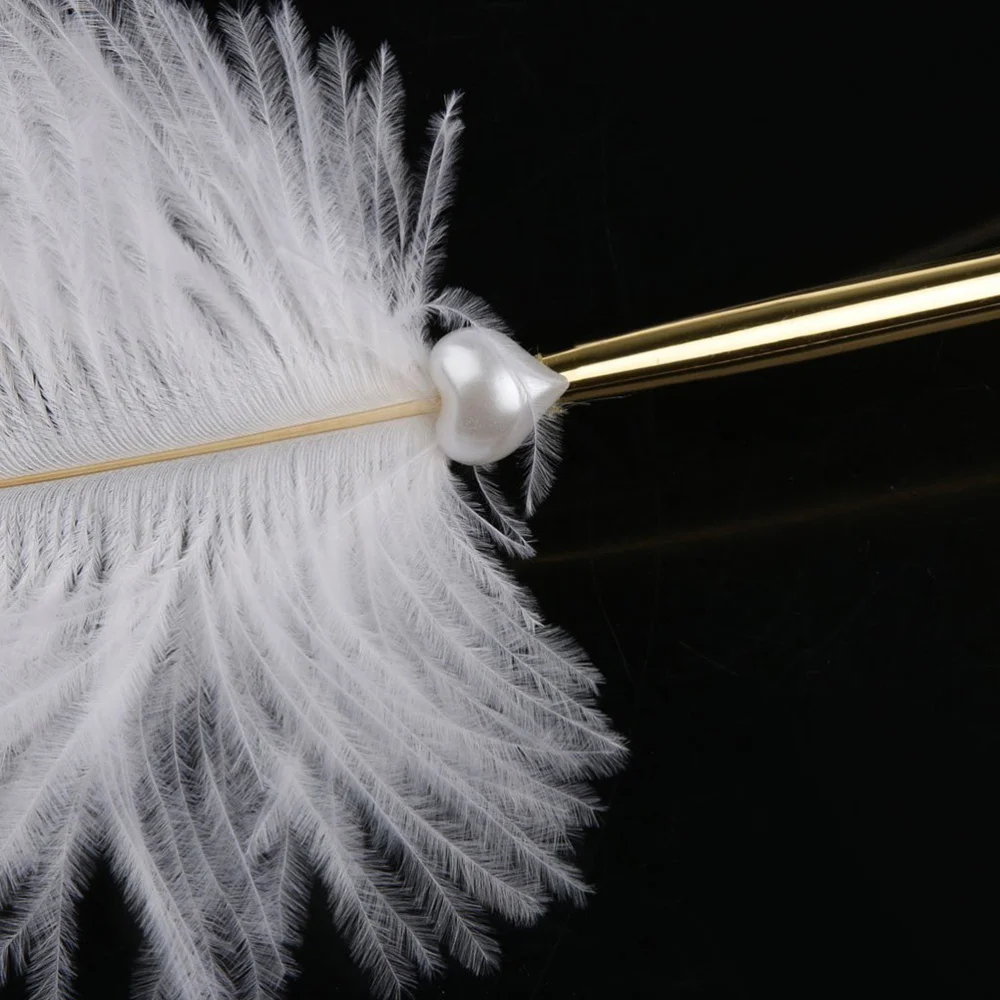 

White Feather Signing Pen with Gold Plated Metal Love Holder Wedding Pen Set