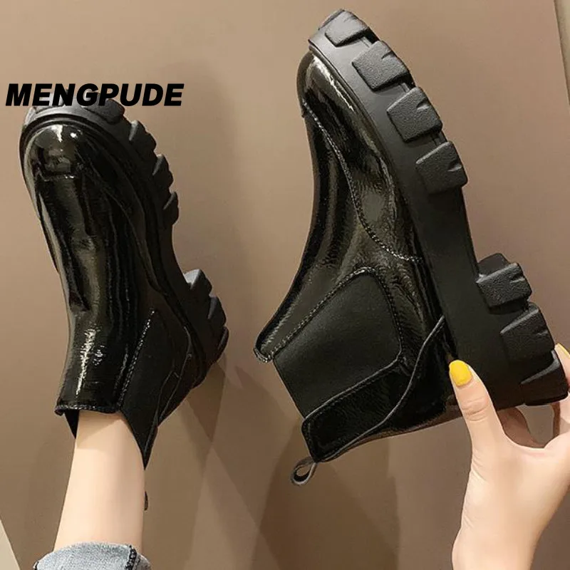 

MPD Autumn Winter Women Chelsea Boots Waterproof Ankle Boots Girl Flat Platform boots Booties Mid-tube platform Martin boots