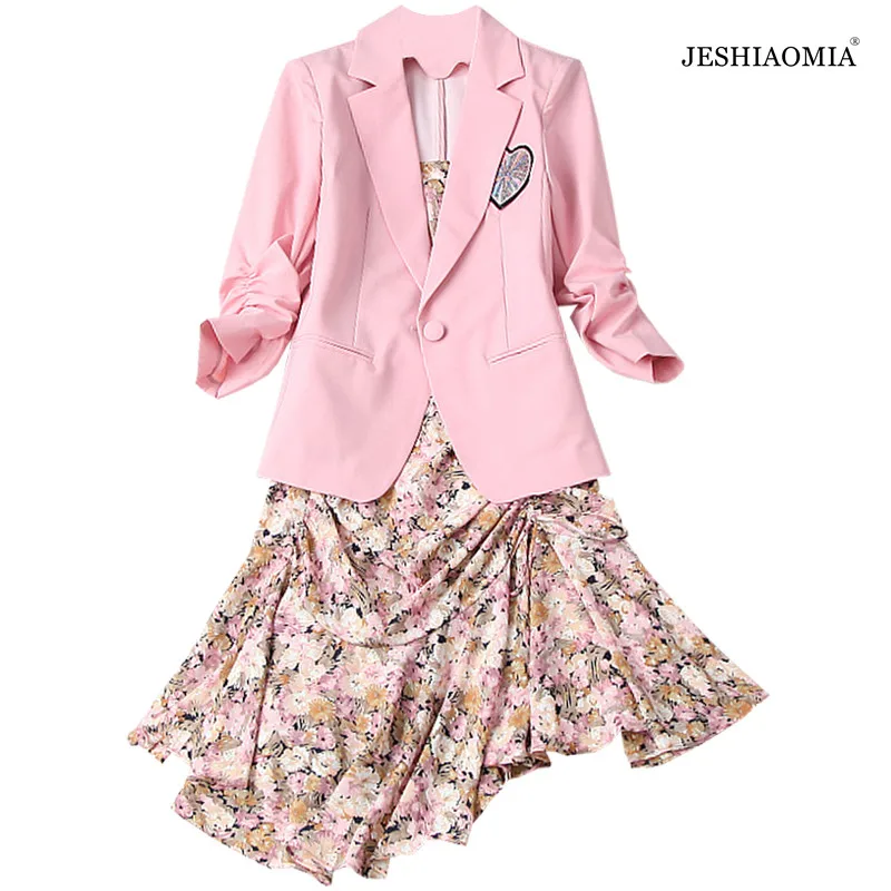 

JESHIAOMIA- 2021 летний розовый блейзер с английским воротником и платье с цветочным принтом на бретелях