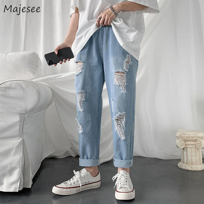 

Plus Size S-5XL Hole Jeans Men Ankle-length Denim Trouser Ripped All-match Straight Design Drawstring Korean Fashion Hombre Chic