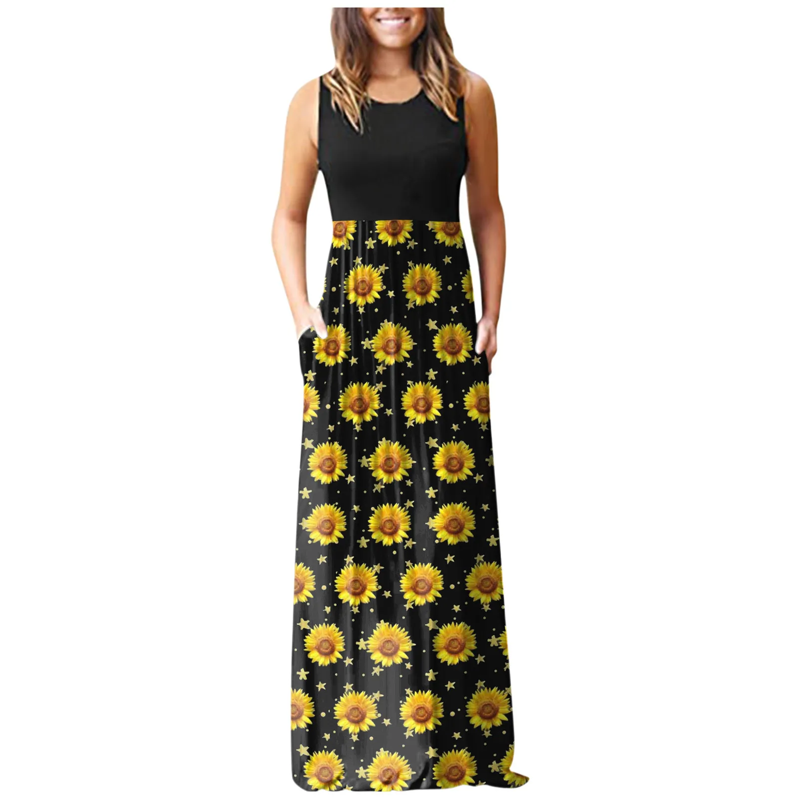 

Bohemian Shirt Dresses Women's Sleeveless Casual Sunflower Printing New Summer Beach Long Maxi Loose Dress With Pockets Vestidos