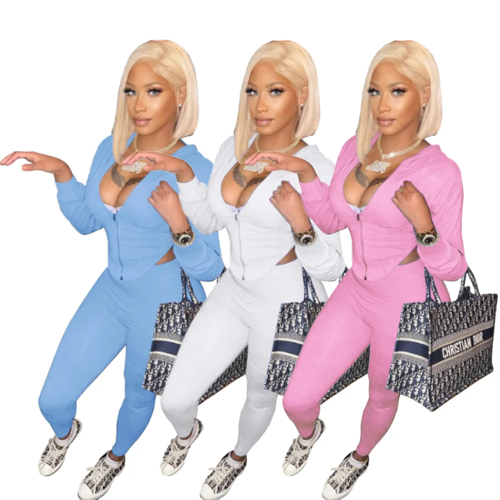 

RStylish Autumn Sexy Women Solid Irregular V-neck Zipper Top Corset Jogging Track Pants Leggings Two Piece Set