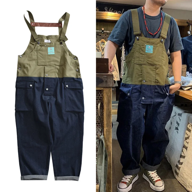 

Men's Overalls Patchwork Denim Trousers Man Quilted Cargo Pant Baggy Jeans Male Bib short Workwear Long Pants 2023 New