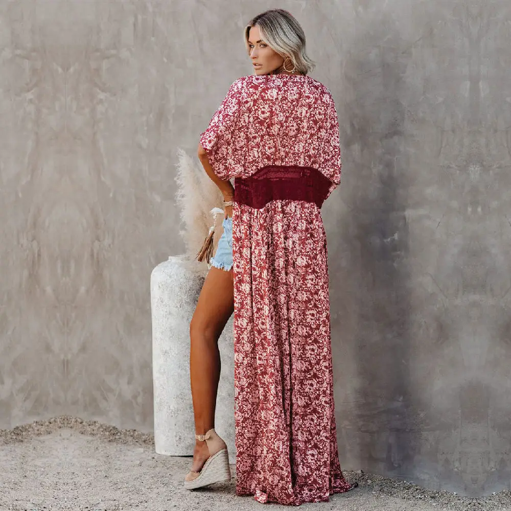 Длинная блузка с принтом в стиле бохо 2021 элегантное пляжное платье-кимоно