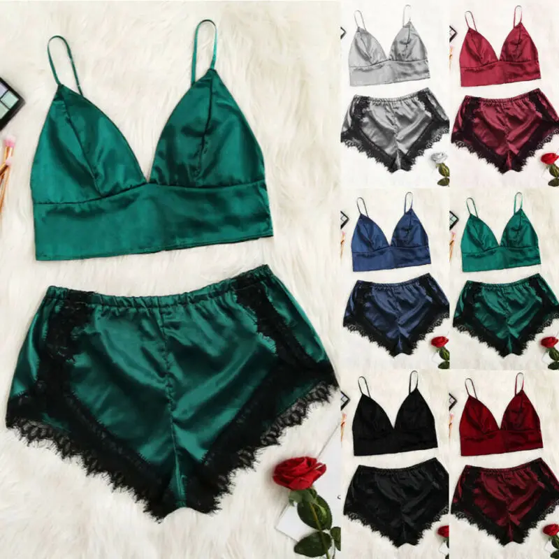 2 шт./компл. Для женщин шелковый атлас пижамы Ночная одежда для сна с рисунком и