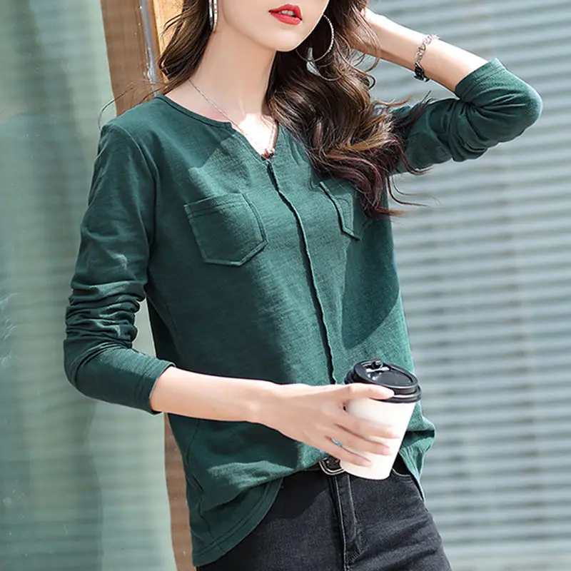 Shirt women spring 2021 new fashion v-neck small shirt loose and thin long-sleeved cotton top