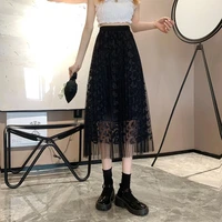 long skirt female new style korean retro high waist slim fit embroidered butterfly net yarn a line skirt female