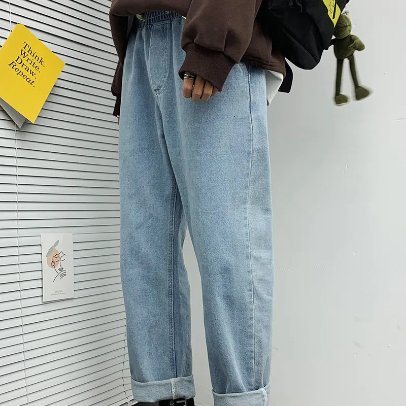 Джинсы мужские с кулиской, модные повседневные брюки из потертого денима, свободные прямые джинсовые брюки в стиле хип-хоп, синие Черные от AliExpress WW