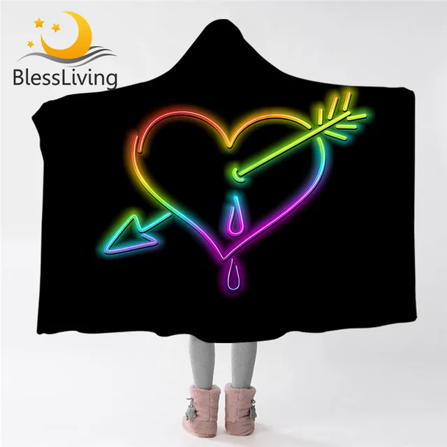 BlessLiving I Love You Hooded Blanket for Kids Hearts Sherpa Blanket Psychedelic Neon Wearable Blanket Colorful Furry Blanket 1