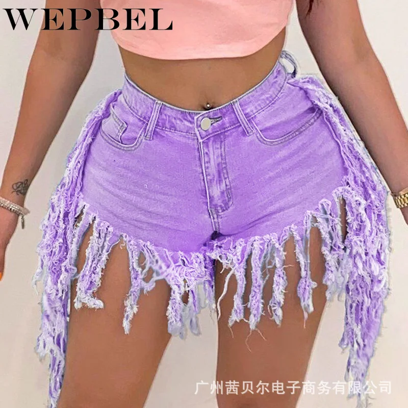 

WEPBEL Women Tassel Denim Shorts Fashion Sexy High Waist Short Jeans Shorts Skinny Summer Shorts
