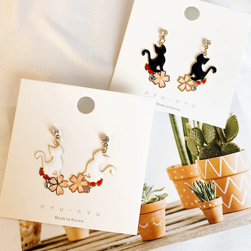 Женские асимметричные серьги Sansummer модные блестящие с цветком Сакуры и кошки