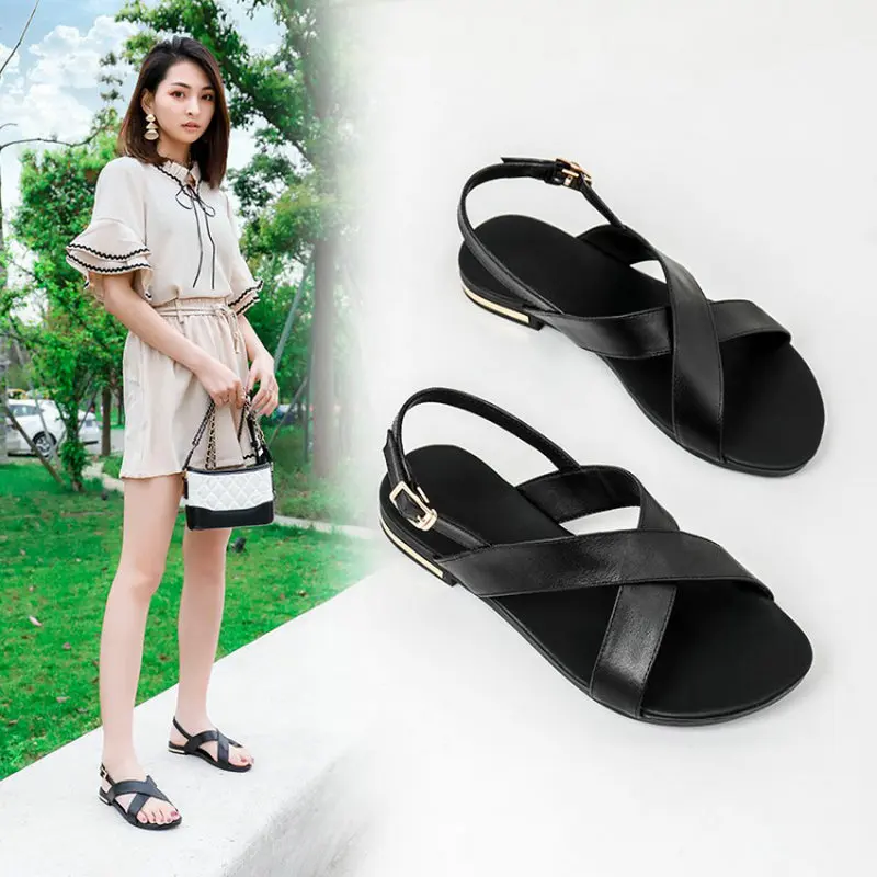 ZawsThia 2020 Summer Genuine Leather Cross Strap Slingback Sandals Woman Caual Flats Shoes Black Women Big Size 44 45 46 | Обувь