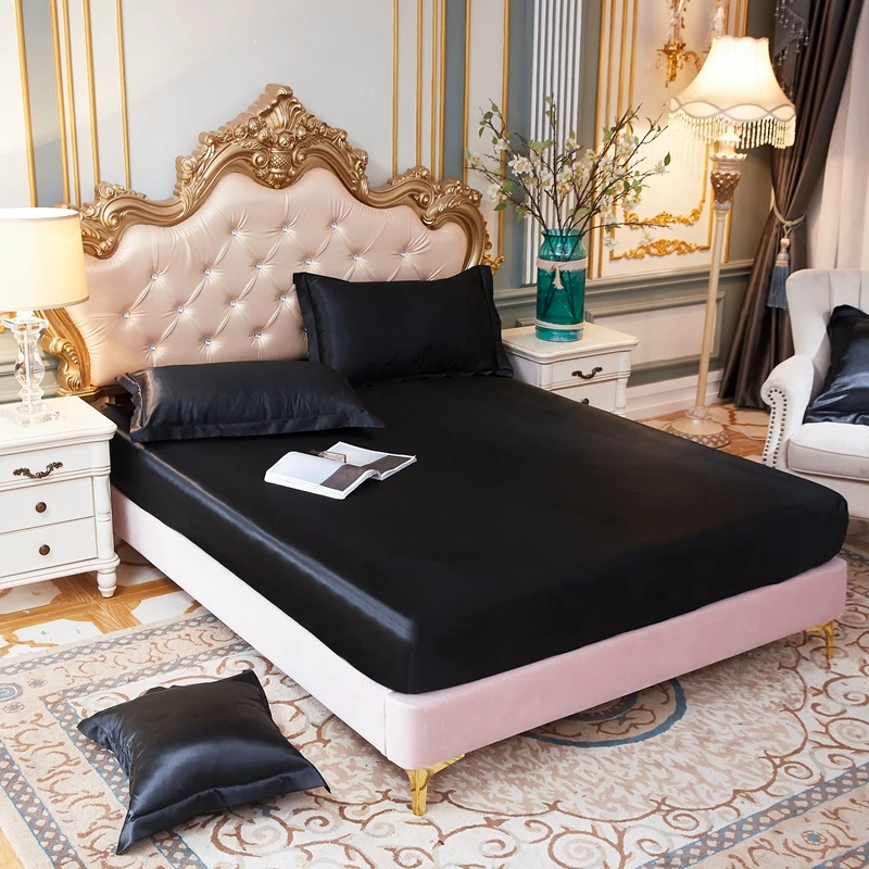 

Solid Color Fitted Sheet High-End Mattress Cover Luxury Satin Rayon Elastic Band Bed Sheet