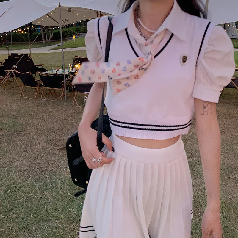 Костюм школьницы в Корейском стиле Трикотажный жилет с завышенной талией тонкая