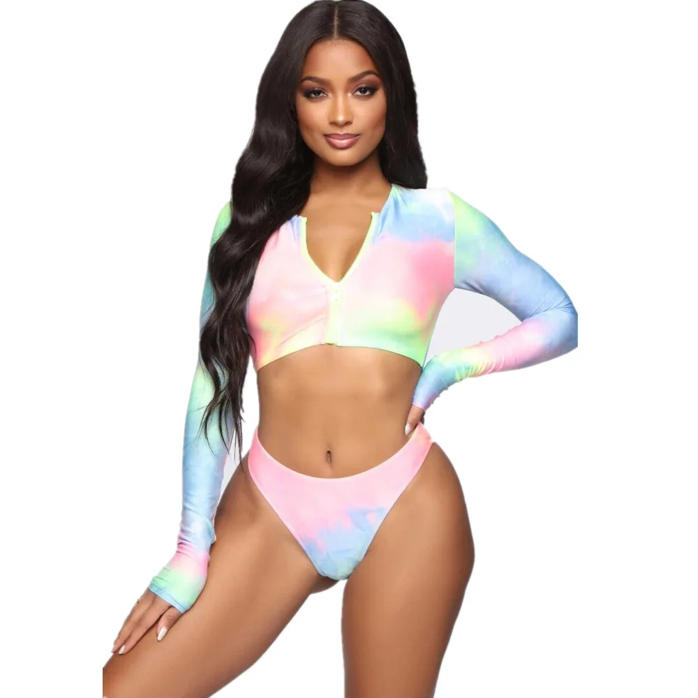 

2021 New Tie-dye Long-sleeved Zipper Split Bikini Sexy Swimsuit Swimsuit Womem 2 Piece Set Women