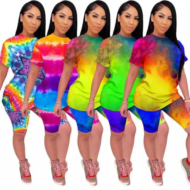 

Tie Dye 2Pcs Sets Women Summer Tank Top Short Cami Crop Top High Waist Shorts Sports Suit Two Piece Outfits