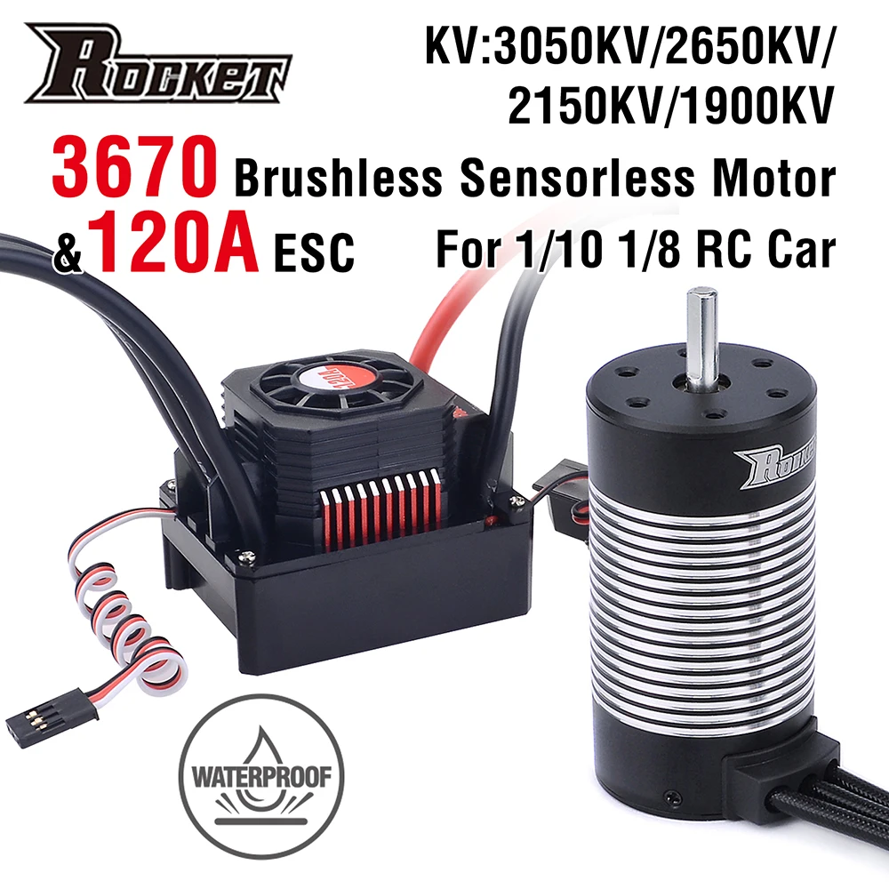 

Rocket 3670 Waterproof Brushless Sensorless Motor 3050KV 2650KV 2150KV 1900KV w/120A ESC for 1/8 1/10 RC Car