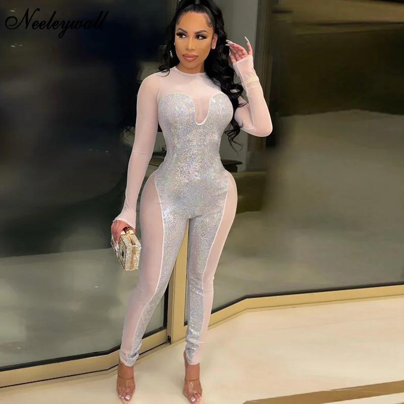 

Neeleywall New Chic Sheer Mesh Patchwork Metallic Sliver Jumpsuits Fashion See-Through Shiny Skinny Rompers Workout Overalls