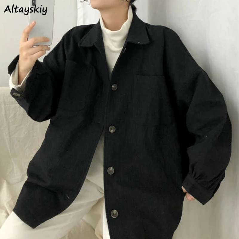 

Basic Jackets Women New Oversize Spring Harajuku Retro Loose All-match Leisure Ulzzang Female Jacket Solid Chic Button Outerwear