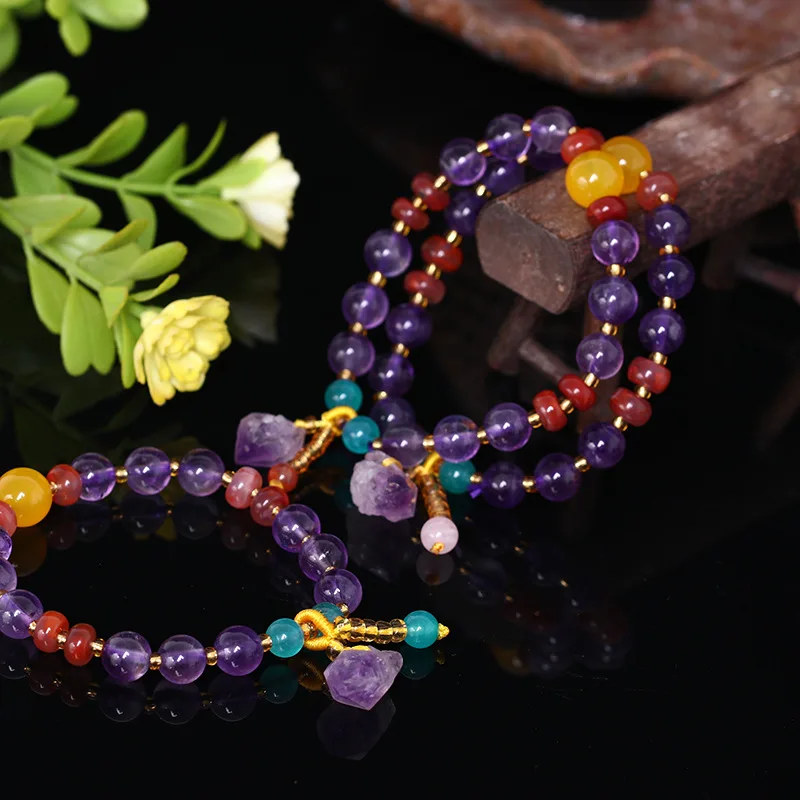 Браслет из натурального аметиста и бусин эластичная веревка аквамарин агат