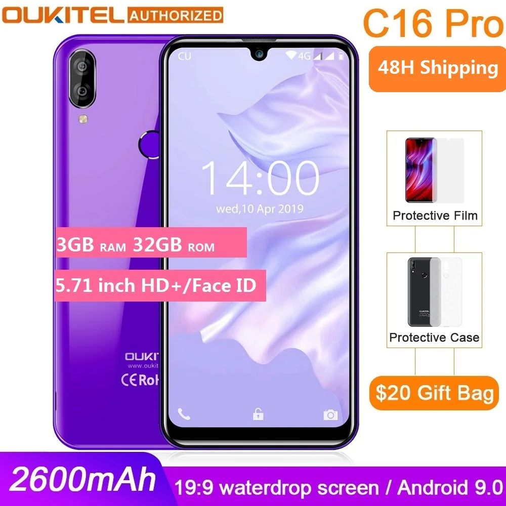 OUKITEL C16 PRO 5,71 ''HD+ большой экран 4G смартфон MT6761P четырехъядерный 3 ГБ 32 ГБ Android 9,0 Pie Face ID мобильный телефон