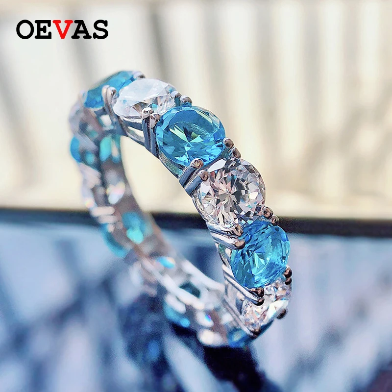 

OEVAS 100% 925 Sterling Silver Sparkling 1 Row High Carbon Diamond Wedding Rings For Women Ruby Aquamarine Party Fine Jewelry