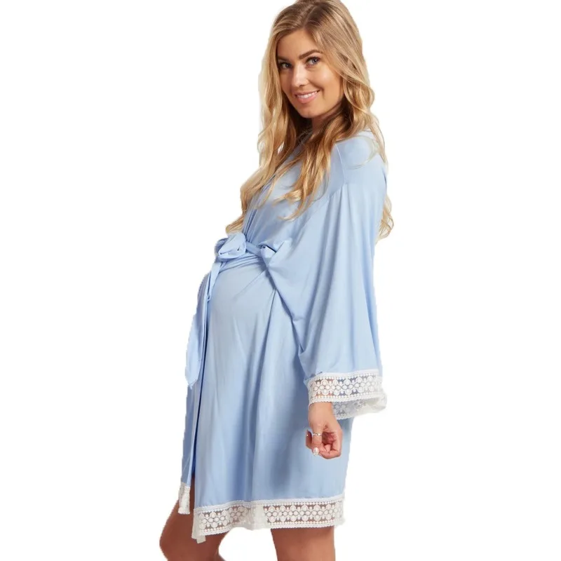

Pure Pregnant Women's Lace Splicing Seven-part Sleeve Tie Cardigan Lactation Pajamas Pure Cotton Casual Dress