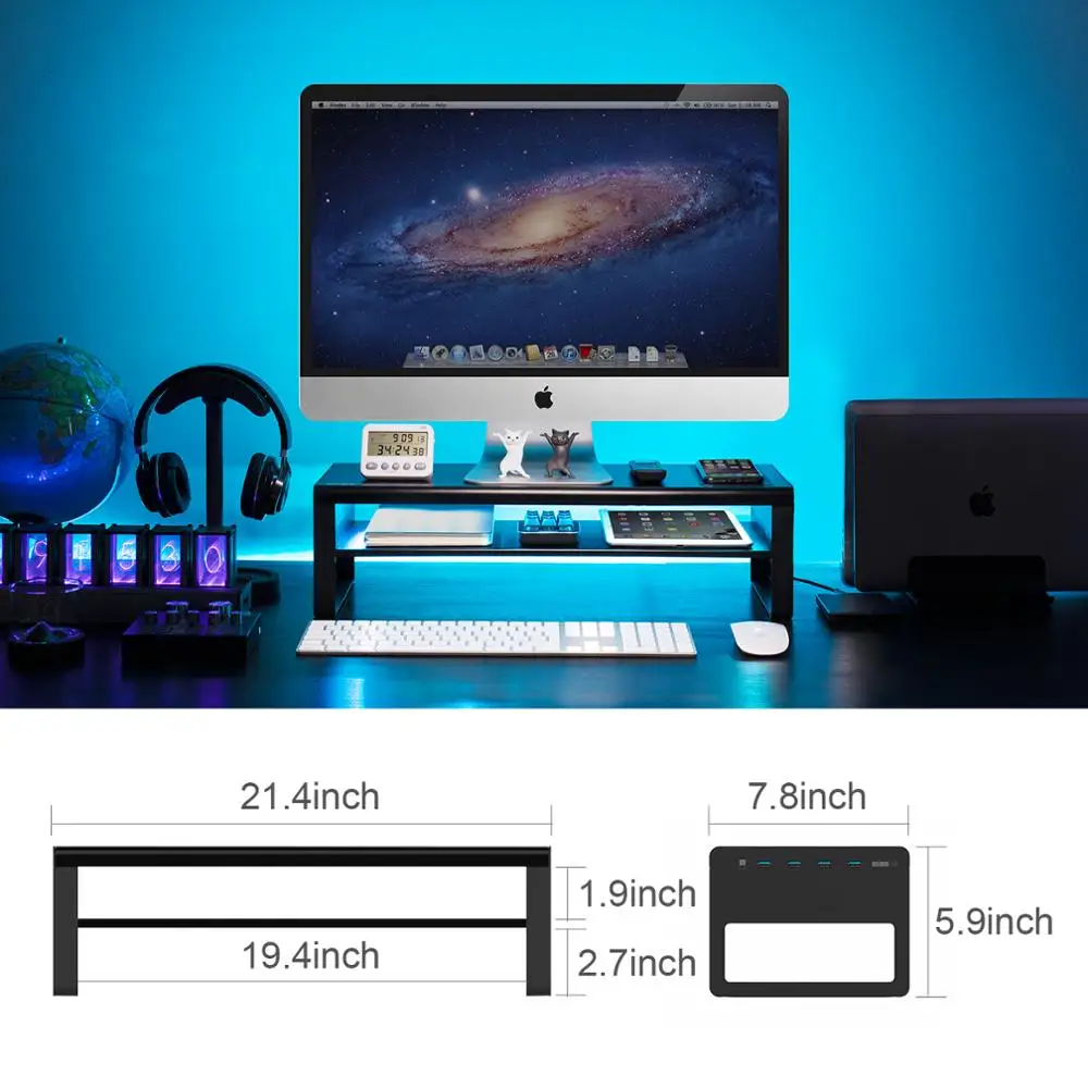 

2 Tiers Aluminum Monitor Stand/Display Holder with Wireless Charging and 4 Ports USB 3.0 Hubs Support Data Transfer-Vaydeer