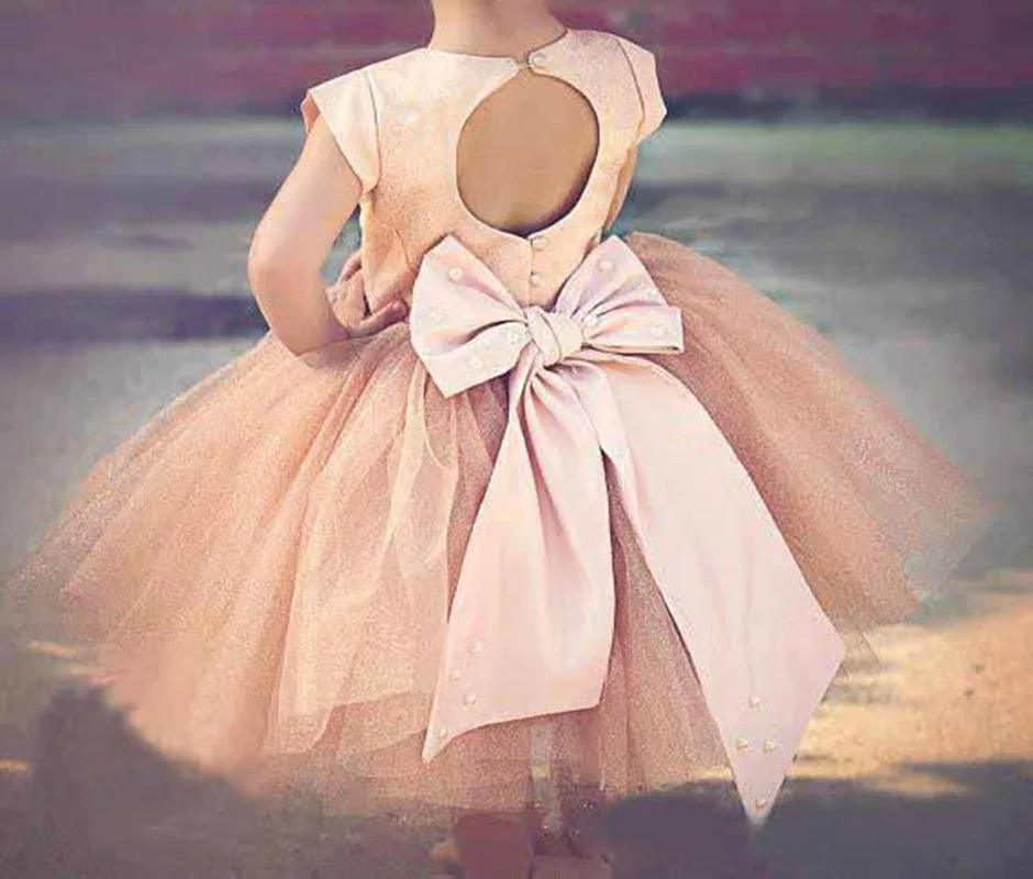 Pageant Dresses For Girls Sleeves 2019 Hot Blush Pink Satin Top Tulle Tutu Bow Back Tea Length Flower Dress Weddings | Мать и ребенок