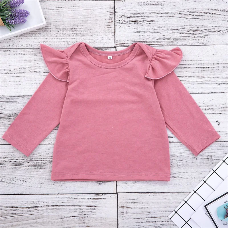 Комплект для маленьких девочек розовые топы с оборками и длинными рукавами штаны