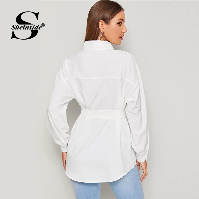 Sheinside, повседневный белый буквенный принт, карманная блузка для женщин, Осенний топ с рукавами-фонариками, ярусныеблузки, с плотным поясом
